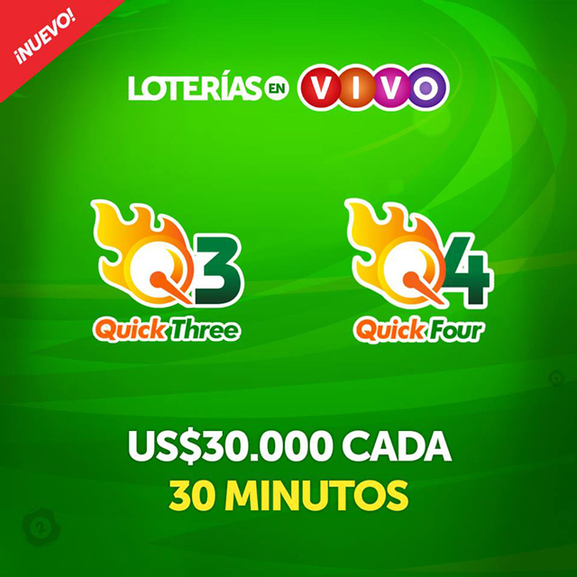 Entretenimiento en línea las 24 horas, todos los días del año. Con Quick 3 y Quick 4 se puede ganar hasta 30.000 dólares cada 30 minutos.